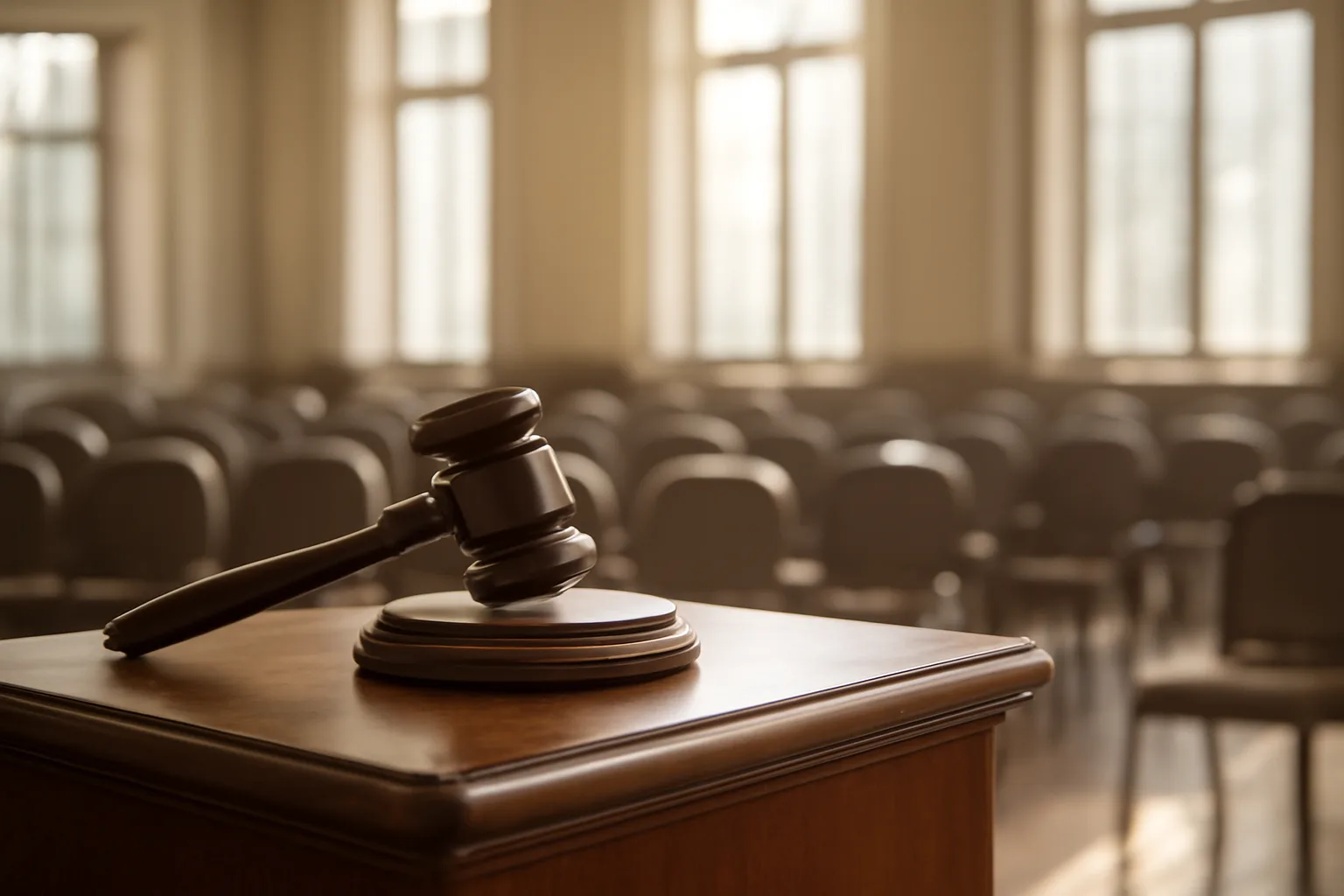 Wooden auction gavel on podium in empty Alabama auction house, morning light