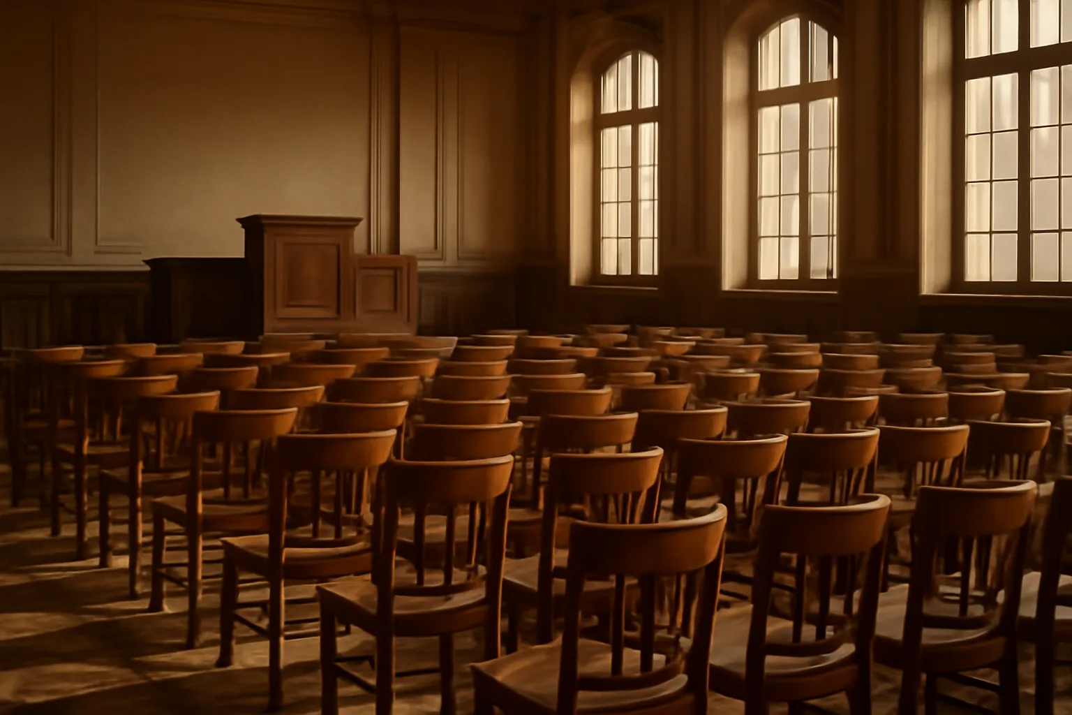Empty auction hall with wooden chairs and a raised auctioneer podium