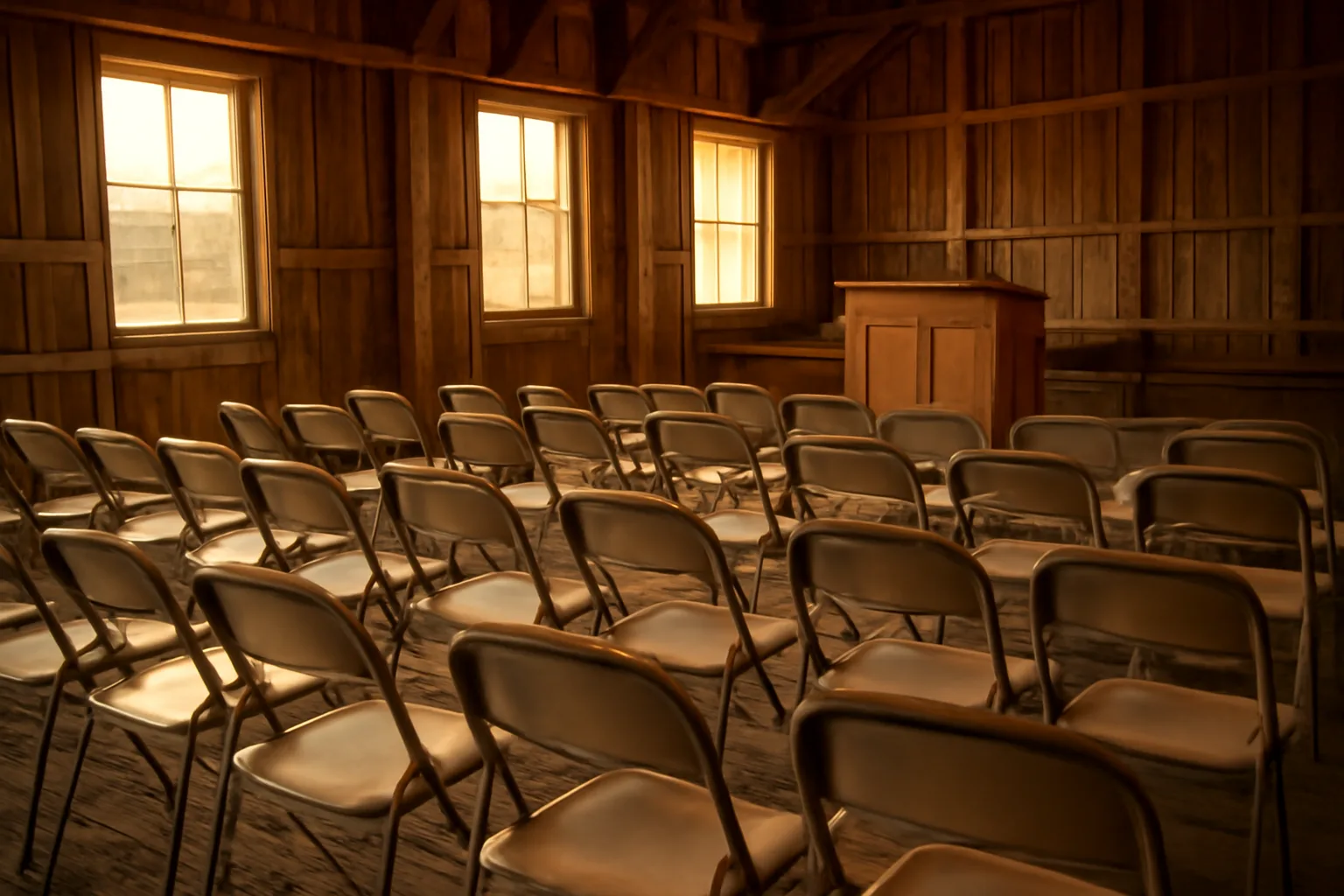 Empty auction barn interior with wooden podium and rows of chairs awaiting an auction