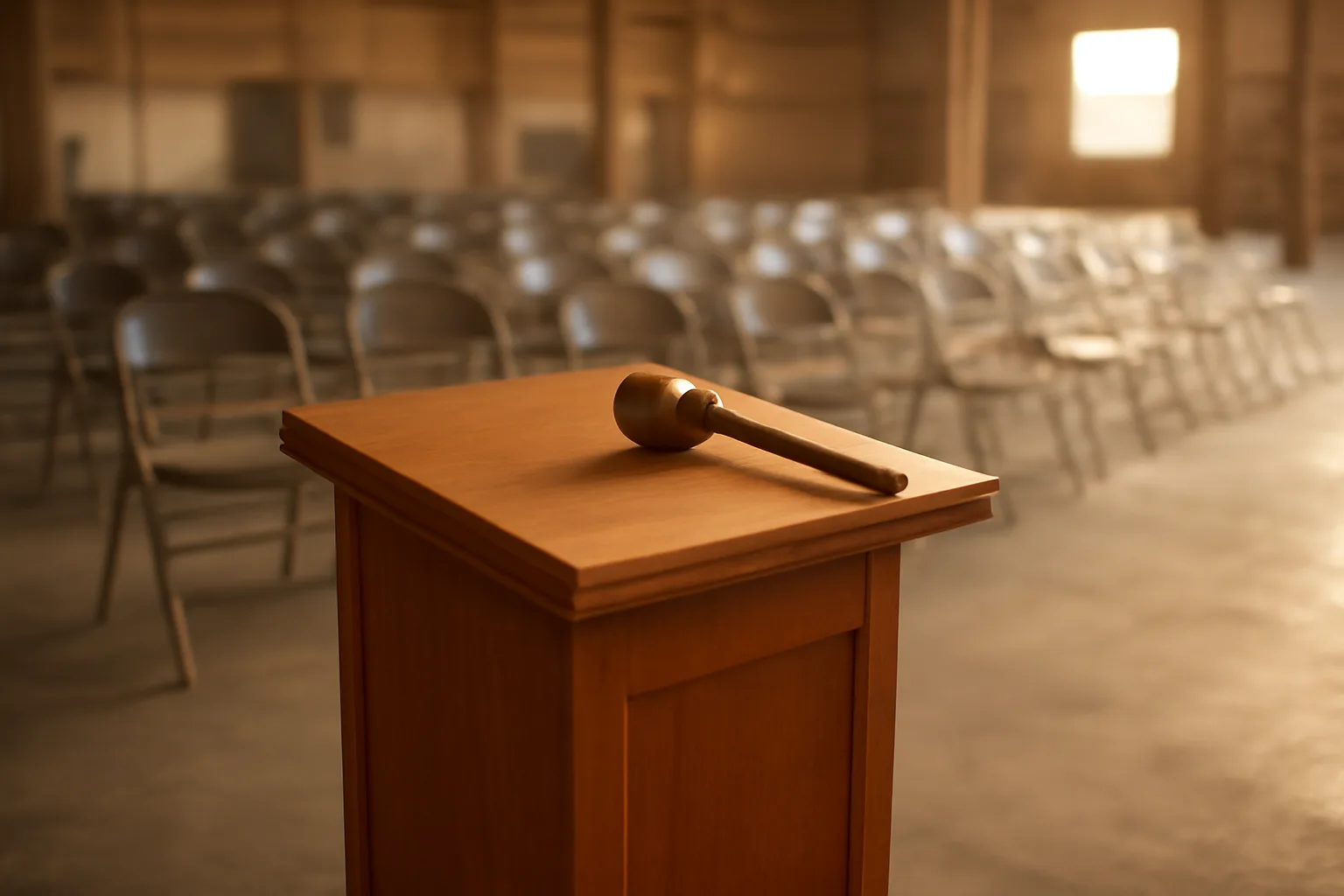 Wooden gavel on a podium in an empty Florida auction warehouse