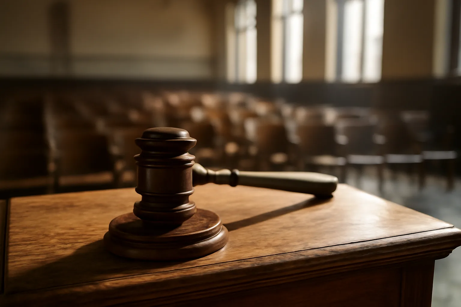A wood gavel on an auction podium in an empty hall with morning light
