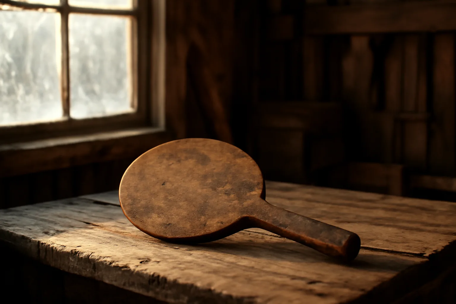 Auction paddle on a rustic table in an Alaska barn with winter light