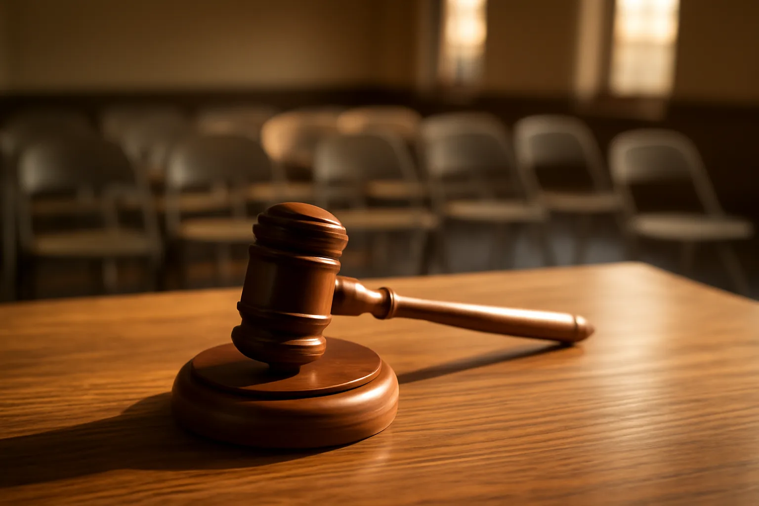 Wooden auctioneer gavel on an oak table in an empty Arizona auction room