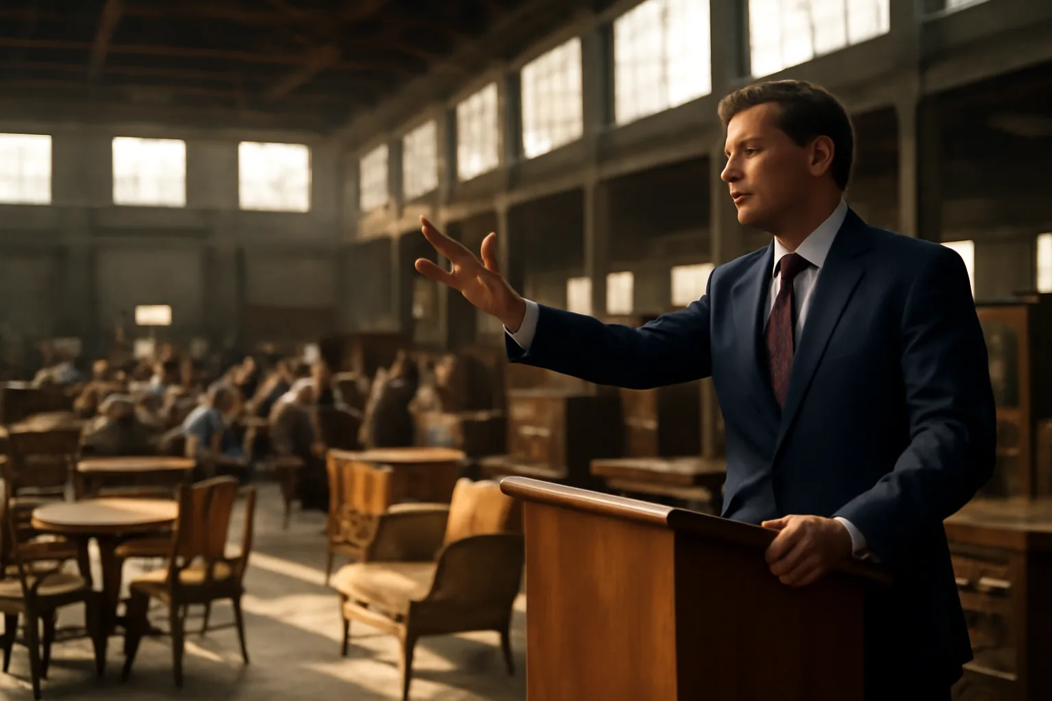 Auctioneer at a wooden podium in a sunlit California warehouse auction hall