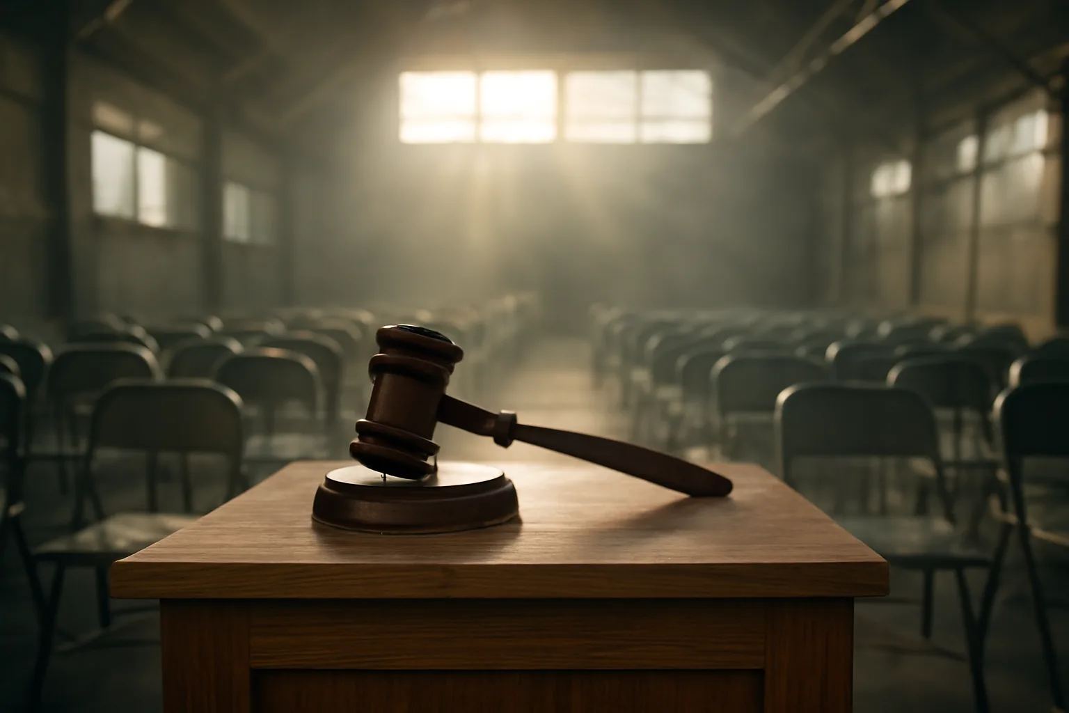 Wooden gavel on a podium in an empty Florida auction hall
