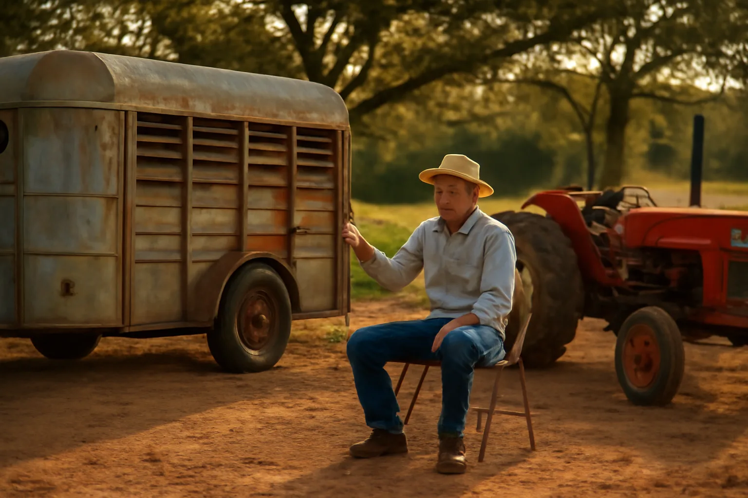 Georgia auctioneer calling a farm equipment sale at dusk