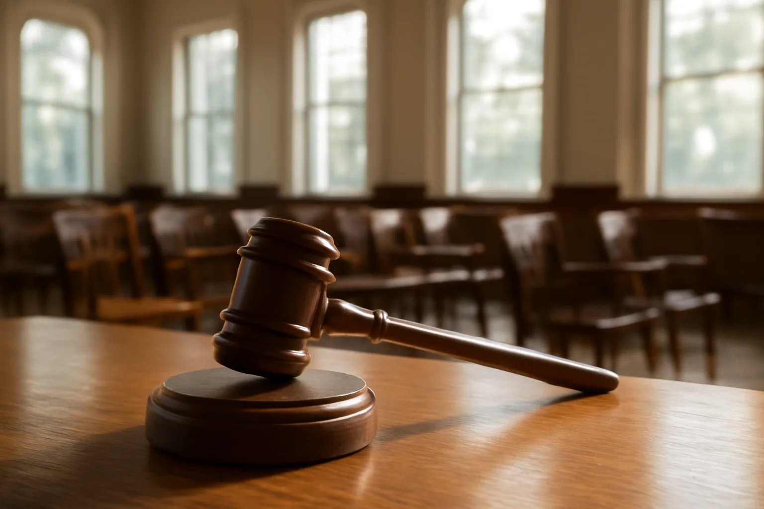 Auctioneer gavel on a wooden table in a sunlit Alabama meeting room