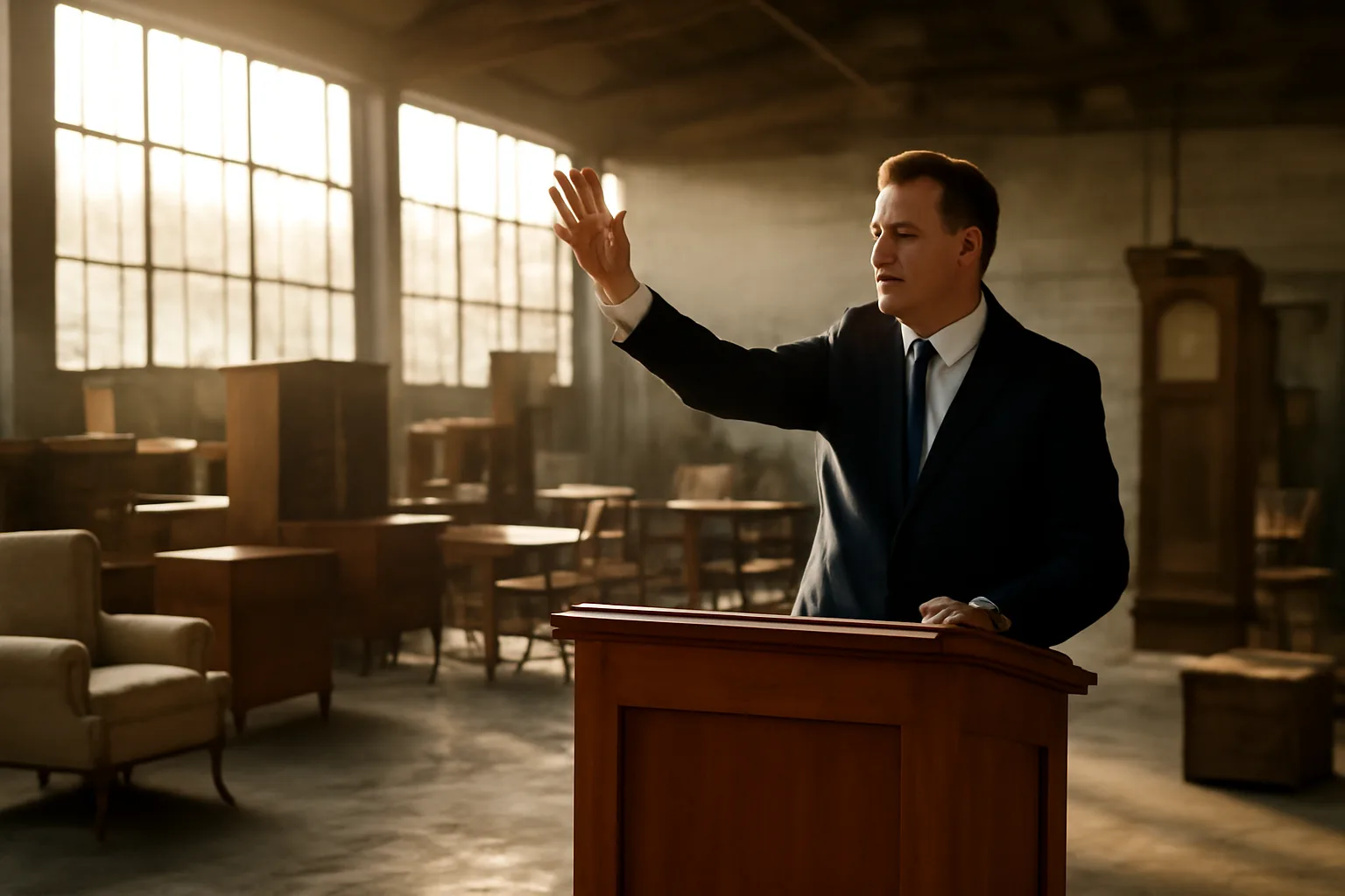 Auctioneer at a podium in an Alaska warehouse during an estate auction