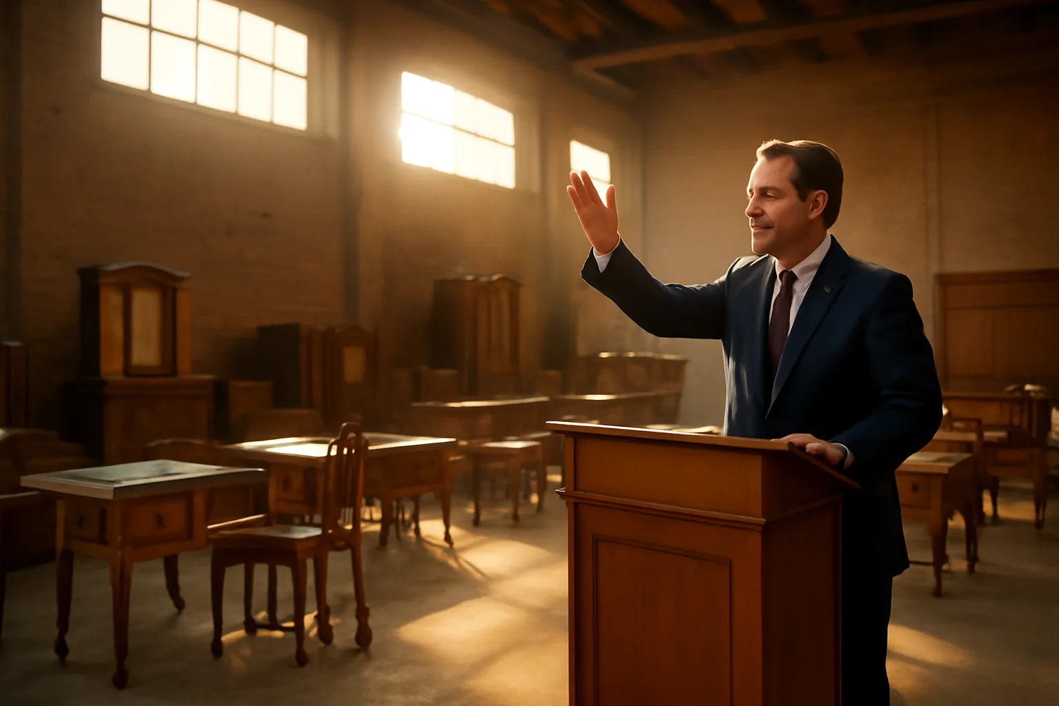 Auctioneer at podium in a bright Arizona warehouse auction setting