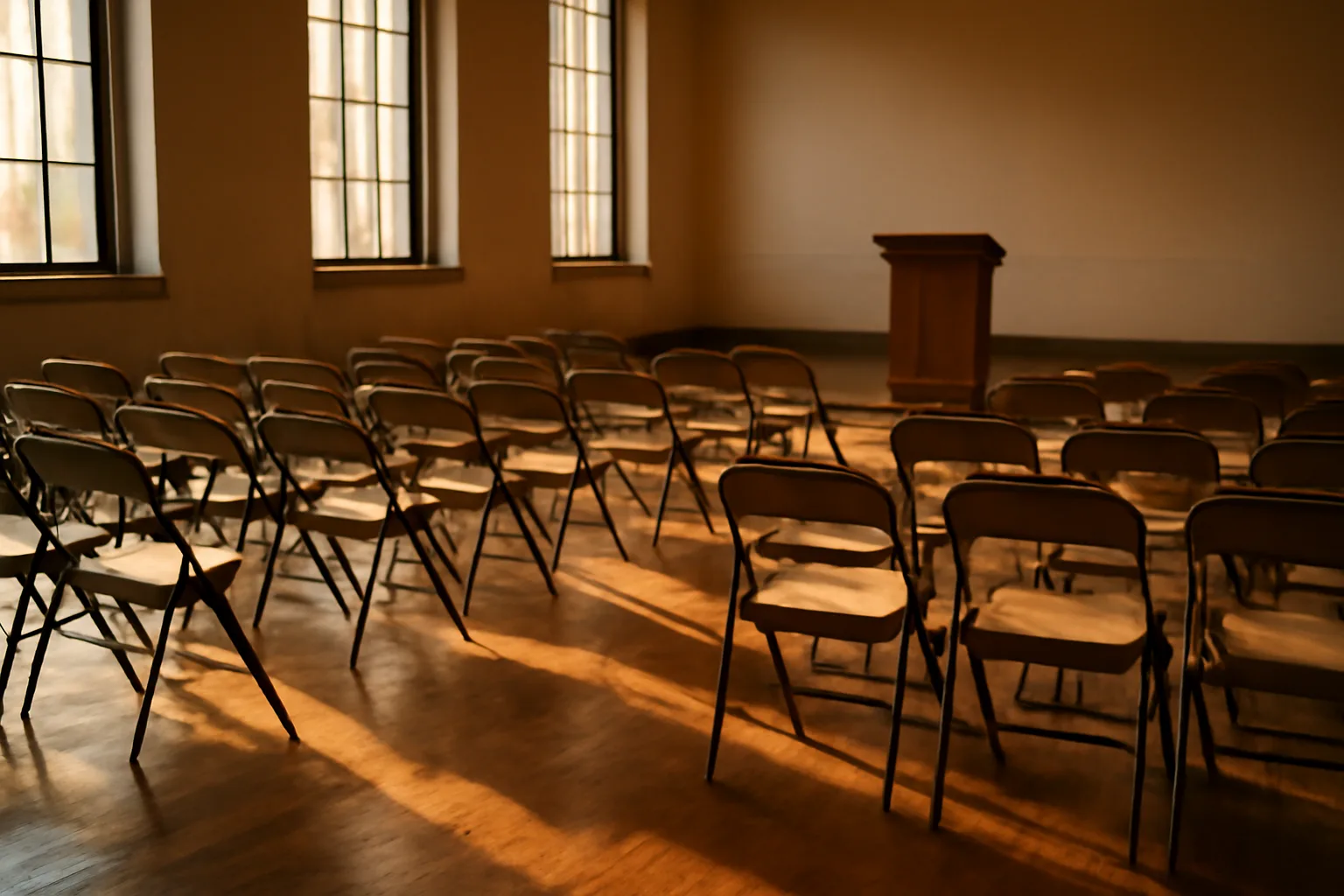 Empty auction hall with wooden podium and folding chairs awaiting an Arkansas auction