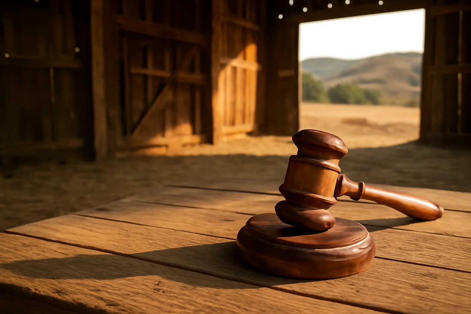 Oak auction gavel on a pine table in a California barn