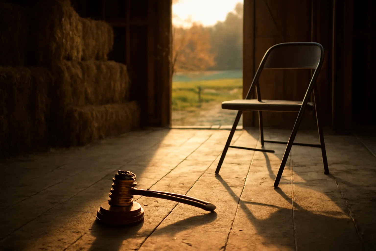 Gavel and chair on a Connecticut barn floor before an auction