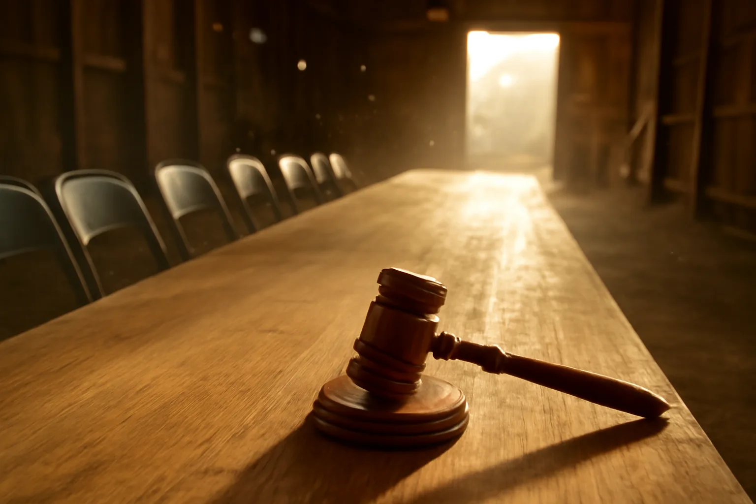Wooden gavel on a barn table before a Delaware farm auction