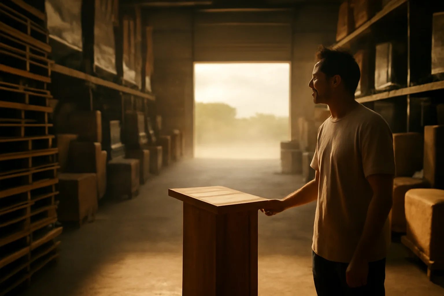 Auctioneer at a Florida warehouse podium before a furniture sale