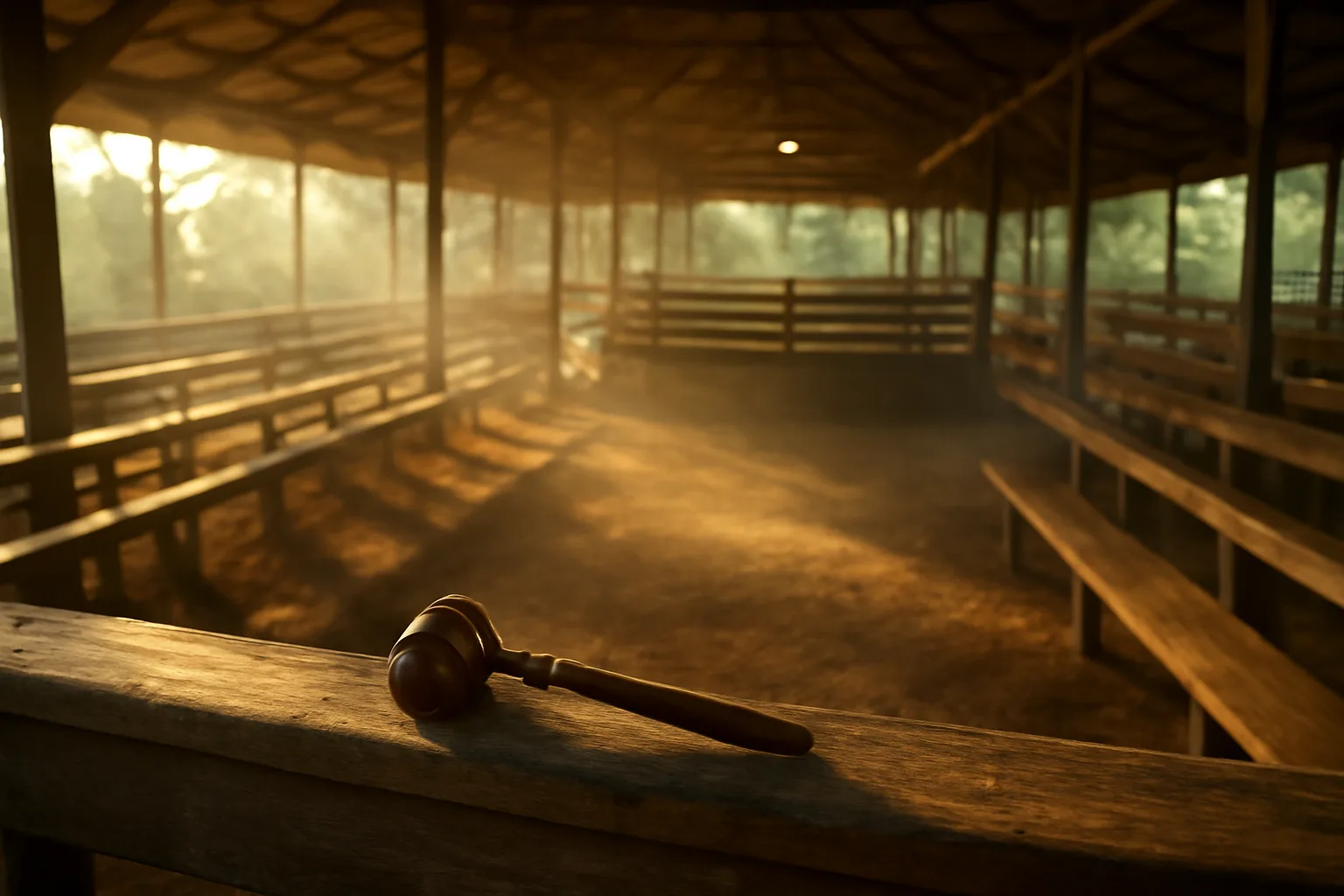 Quiet Georgia auction pavilion aisle in morning light