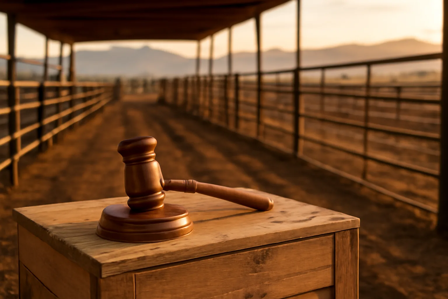 Empty Colorado livestock auction alley in late afternoon light