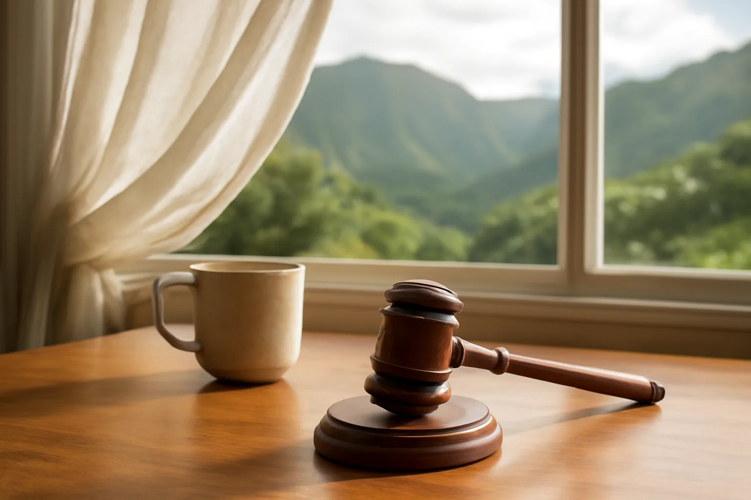 Wooden gavel on a Manoa lanai table used by a Hawaii auctioneer