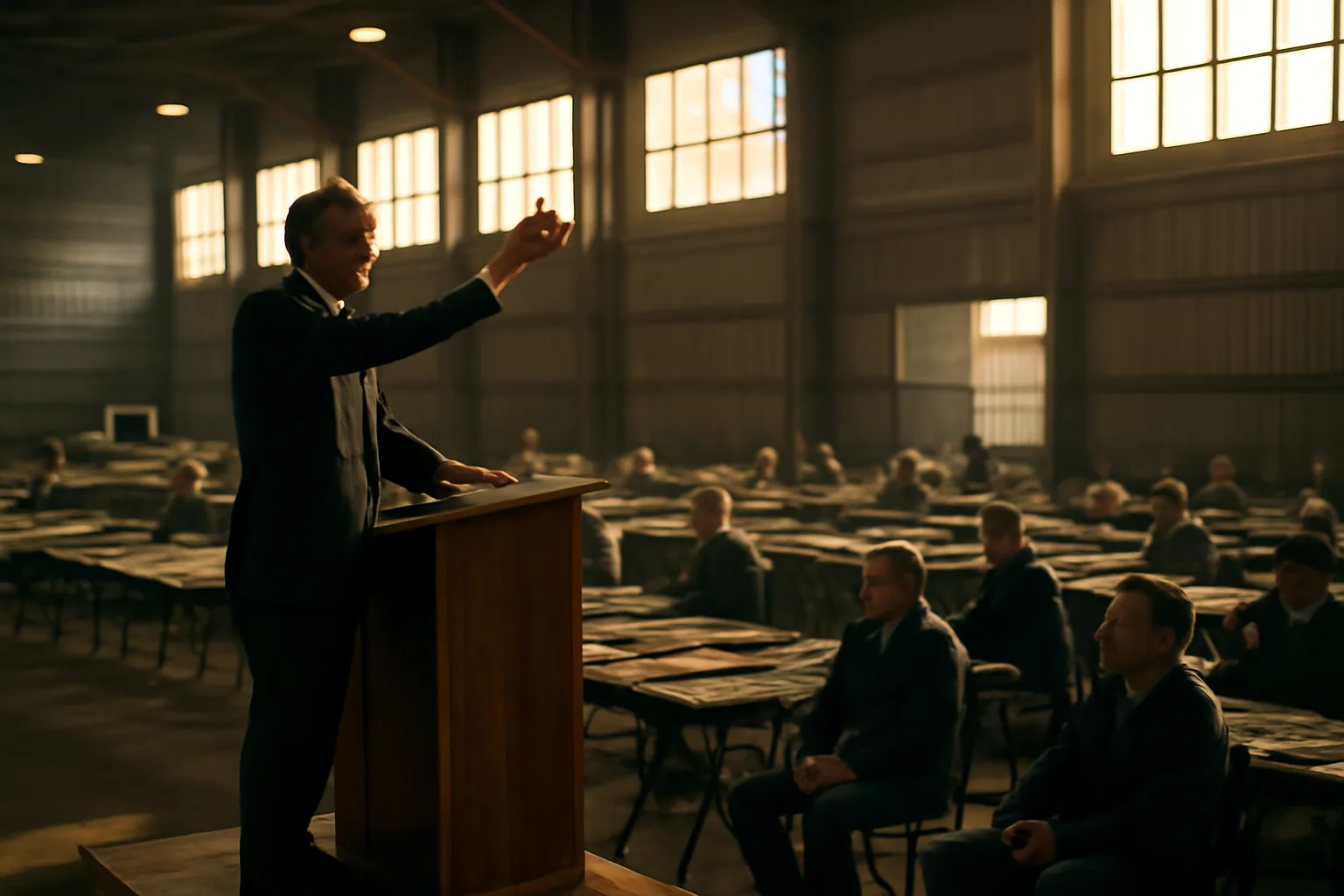 Auctioneer at a podium inside a large Alaska warehouse auction hall