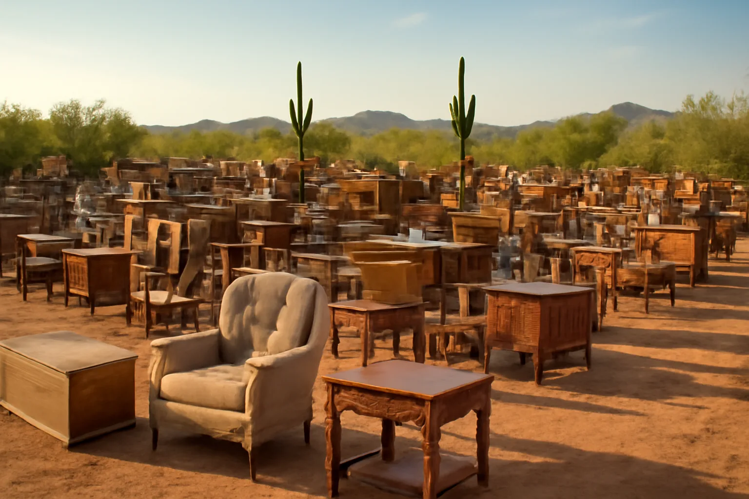 Outdoor estate auction with furniture displayed on an Arizona desert property at sunrise
