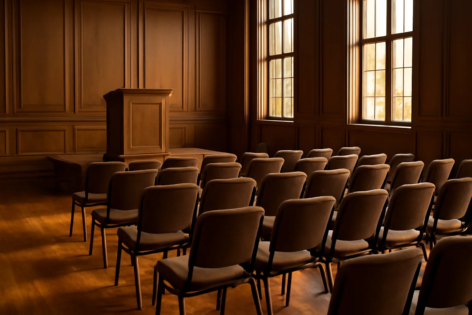 Empty auction hall with wooden podium and rows of chairs in afternoon light
