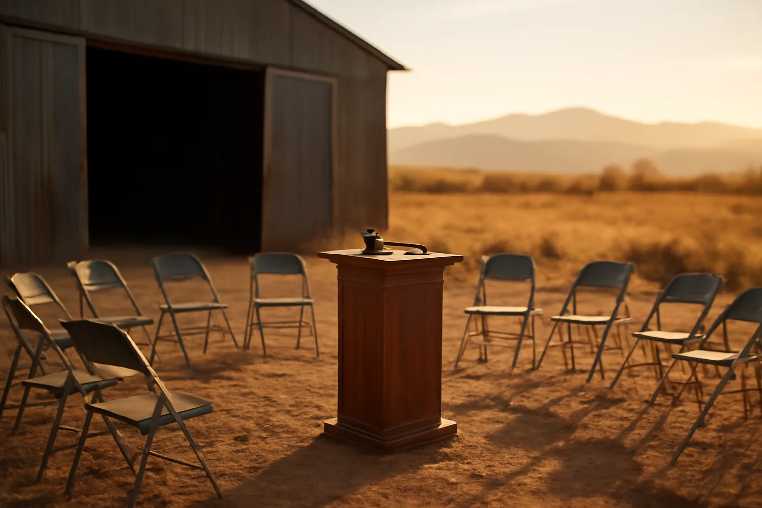 Wooden auction podium and chairs in a Colorado Front Range yard