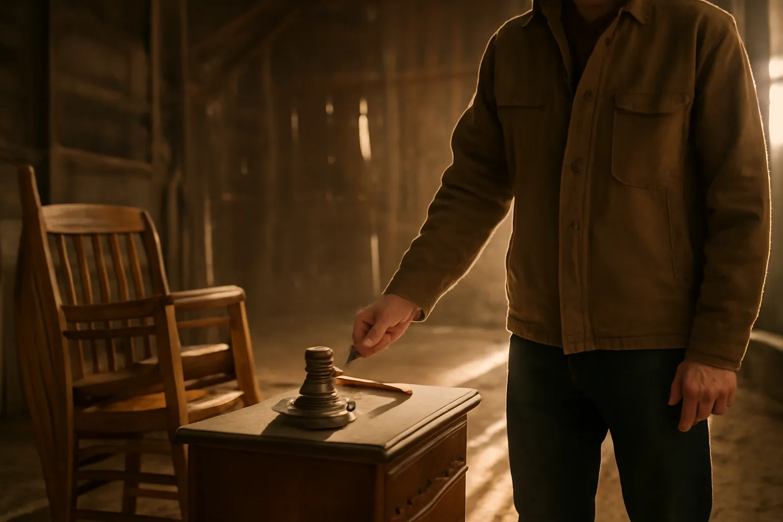 Auctioneer with gavel beside furniture in a Connecticut barn