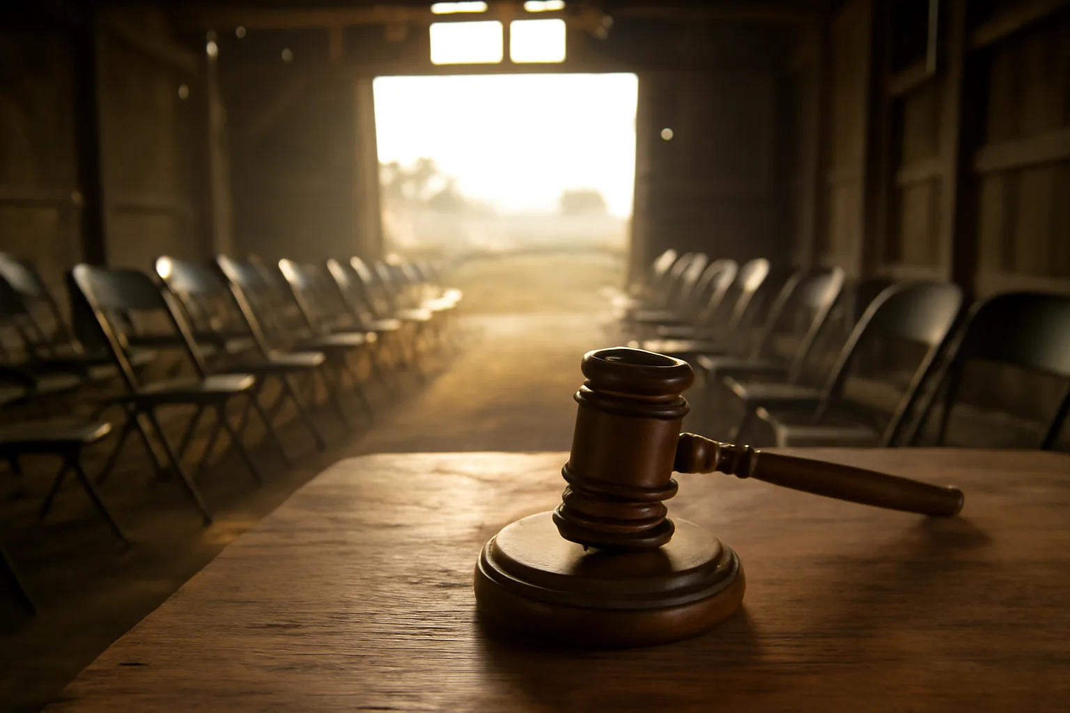 Wooden gavel on a table in a Delaware auction barn