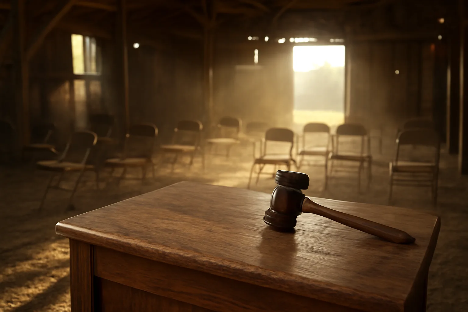 Wooden gavel on an oak podium in an empty Georgia auction barn