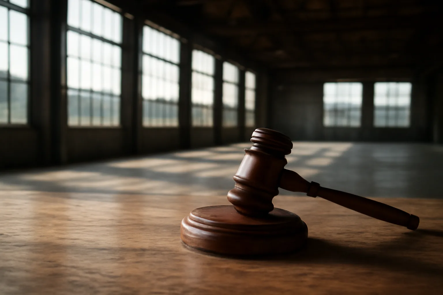 Wooden gavel on oak table in empty warehouse auction hall, Alaska morning light