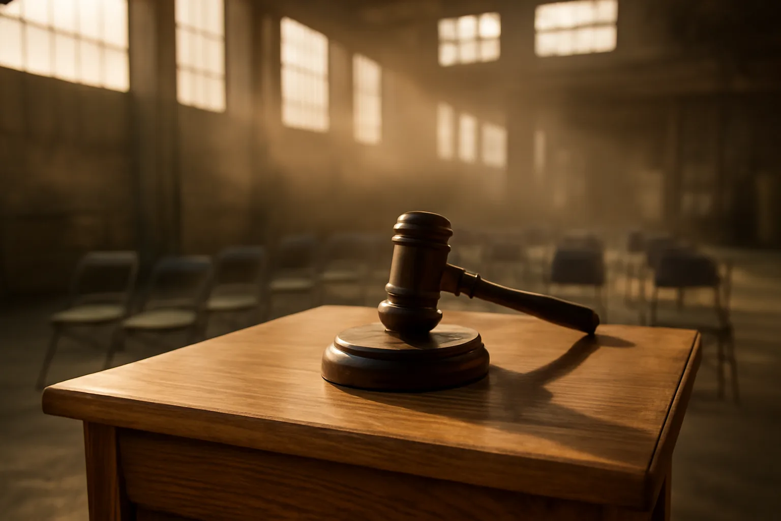 Wooden gavel on an oak podium in a California warehouse