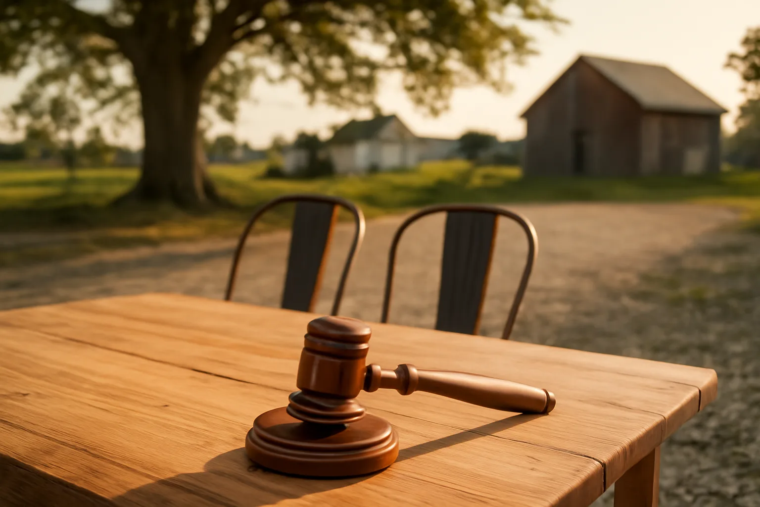Gavel on a pine table at a rural Delaware auction yard