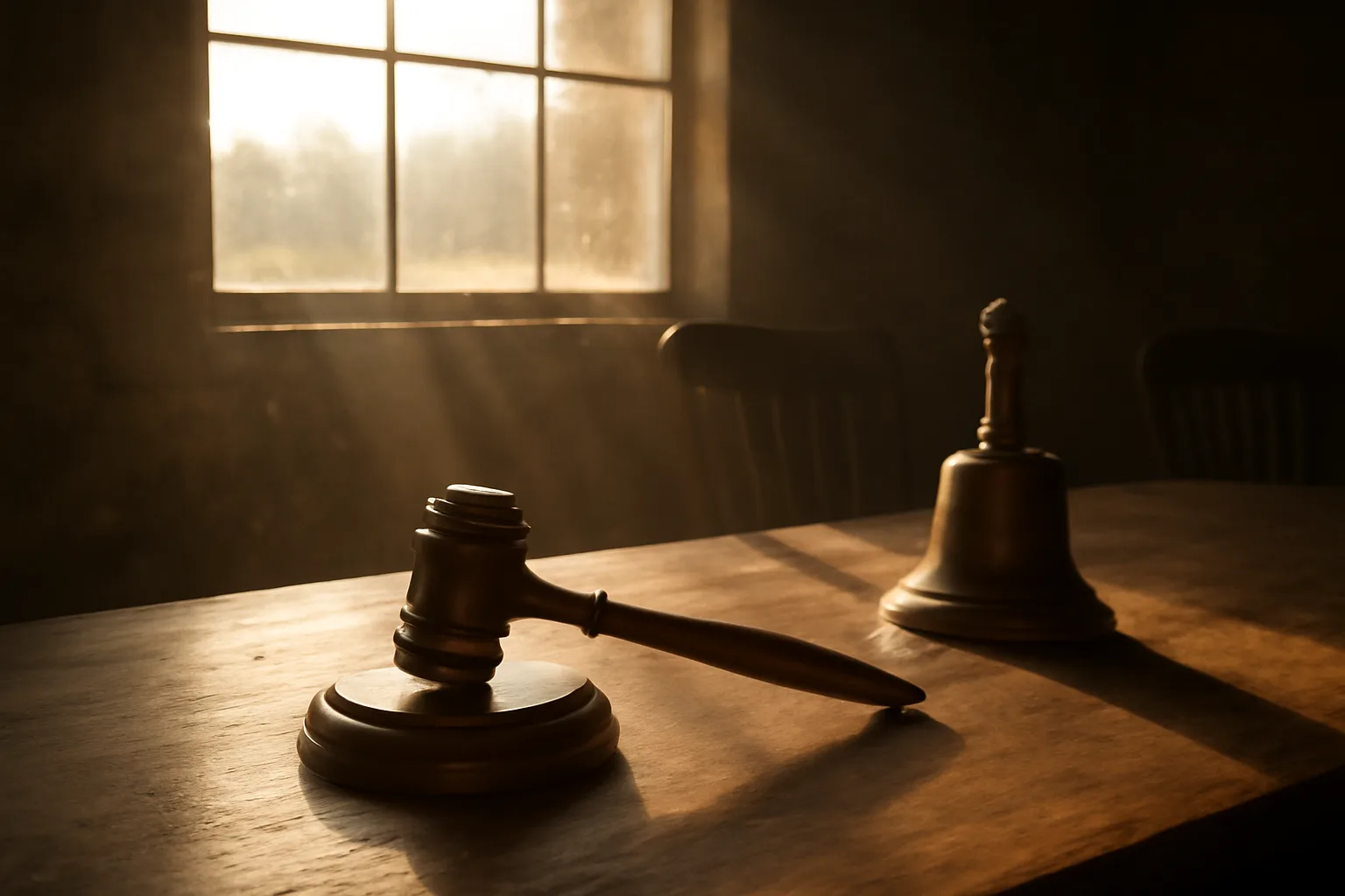 Sunlit wooden gavel on a table in a Georgia auction hall