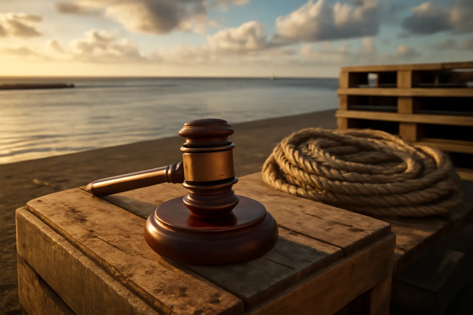 Hardwood gavel on a crate at a Hilo pier before auction