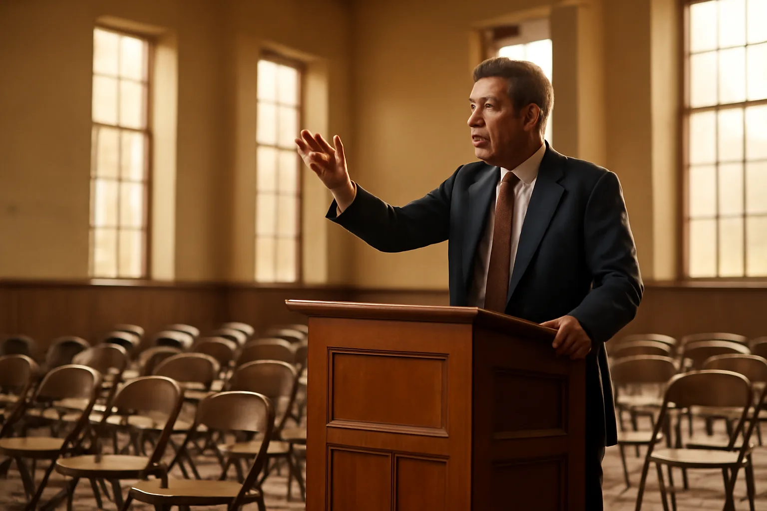 Auctioneer at wooden podium in sunlit Alabama auction hall mid-bid-call