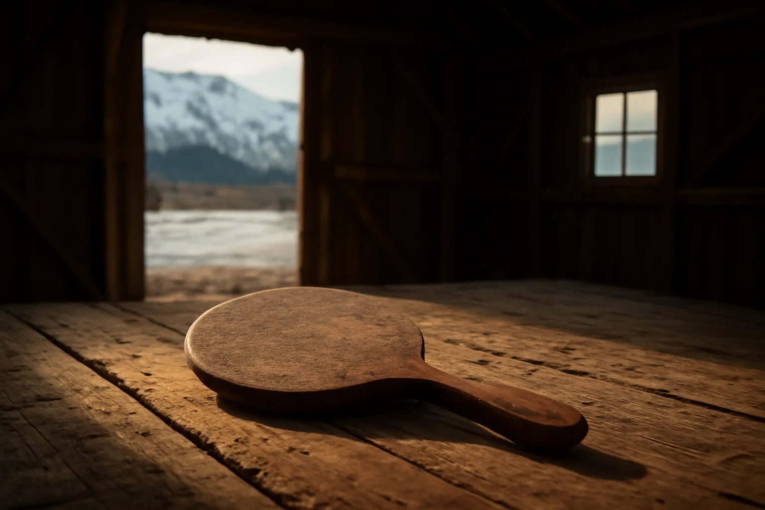 Auction paddle on a wooden table inside an Alaskan barn with mountain view