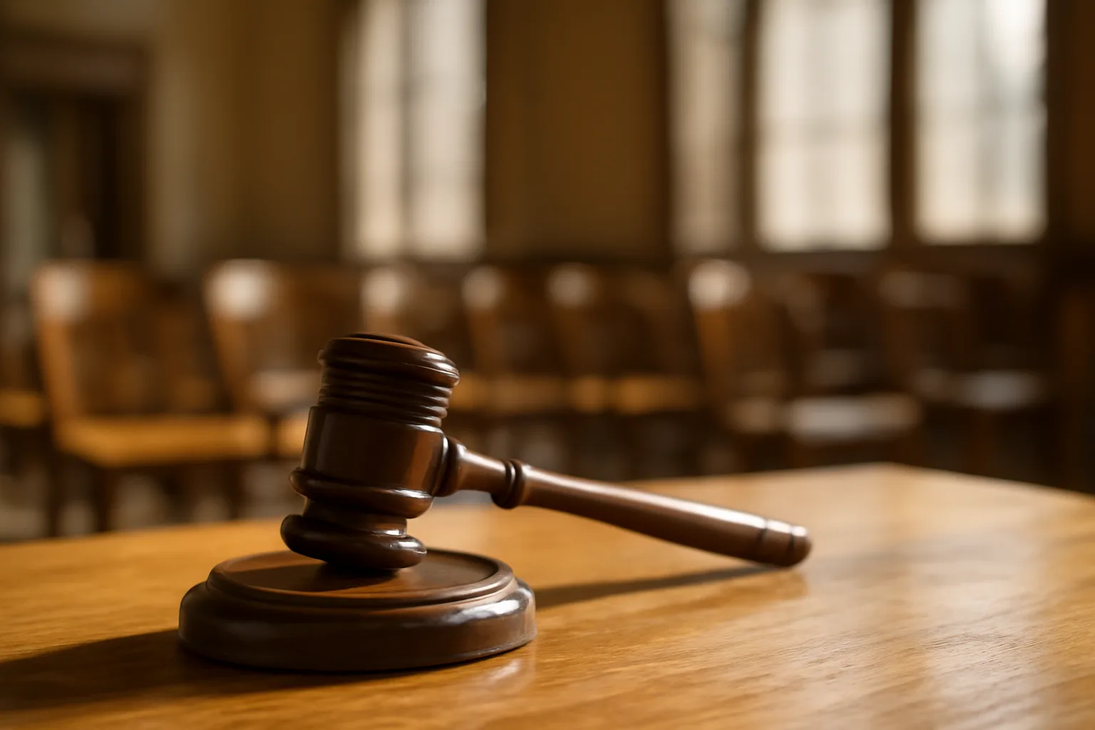 Wooden gavel on oak table inside an empty Arizona auction house