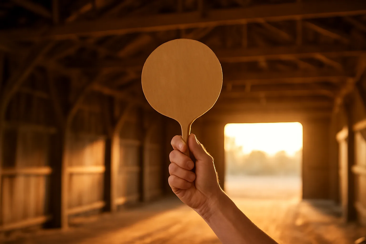 Auction paddle raised inside a sunlit Arkansas barn during an active sale
