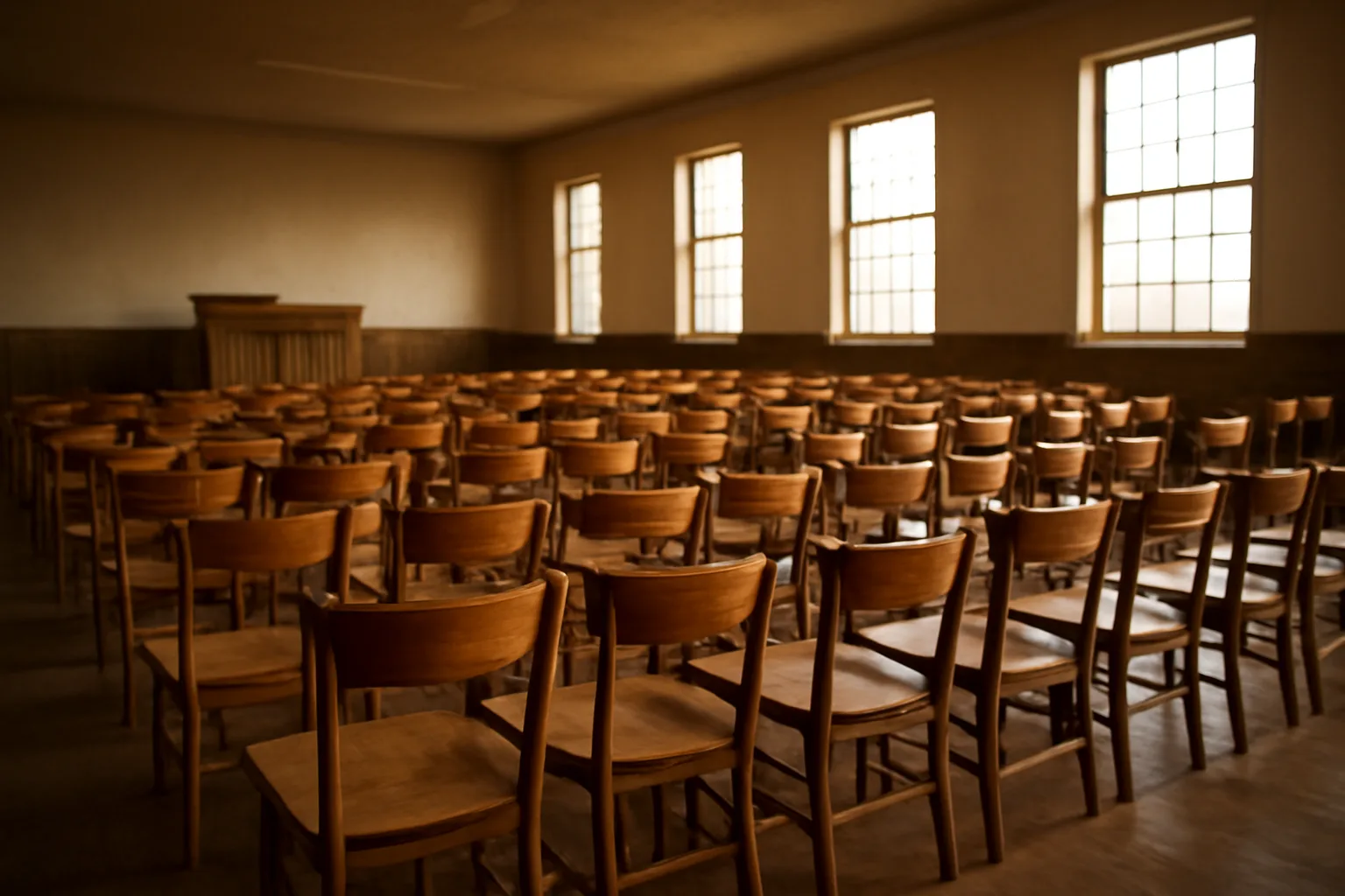 Empty auction hall with wooden chairs and a raised auctioneer podium in California