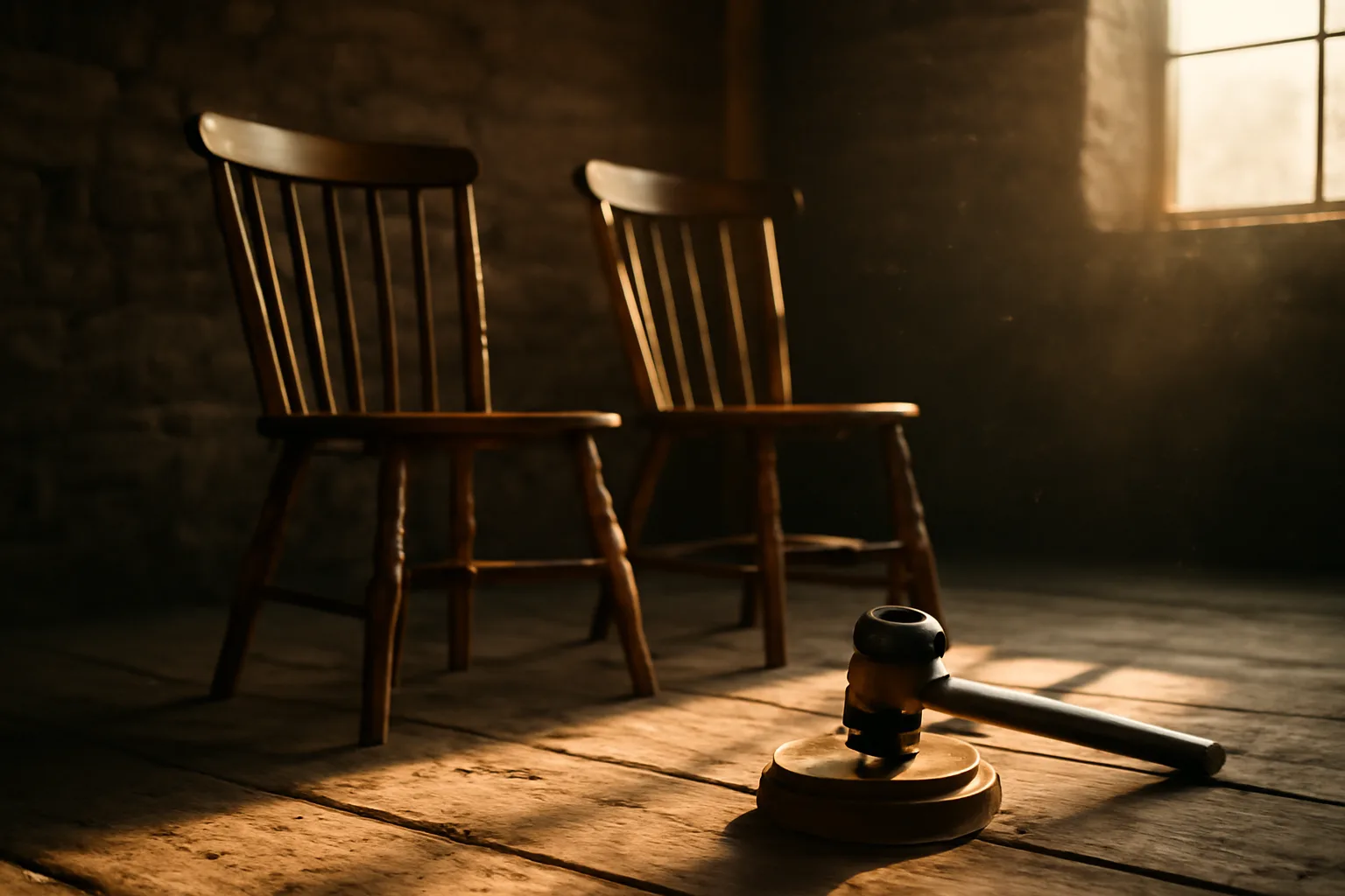 Wooden gavel and chairs in a Delaware barn before auction