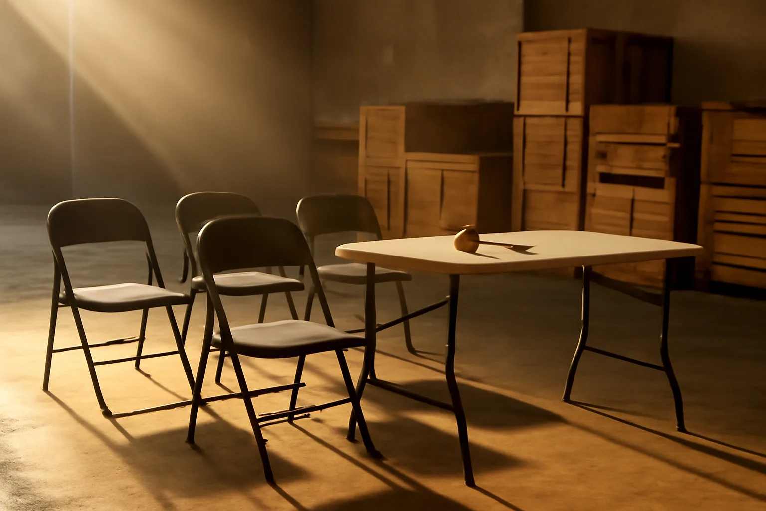 Sunlit empty Florida auction warehouse with chairs and wooden crates