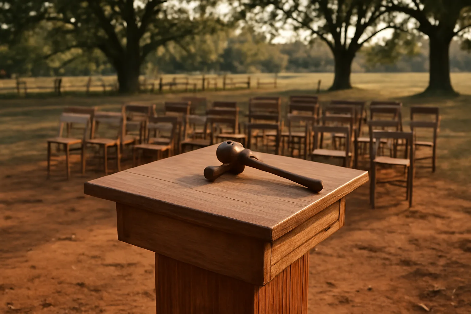 Wooden gavel on a Georgia farmyard podium before an auction