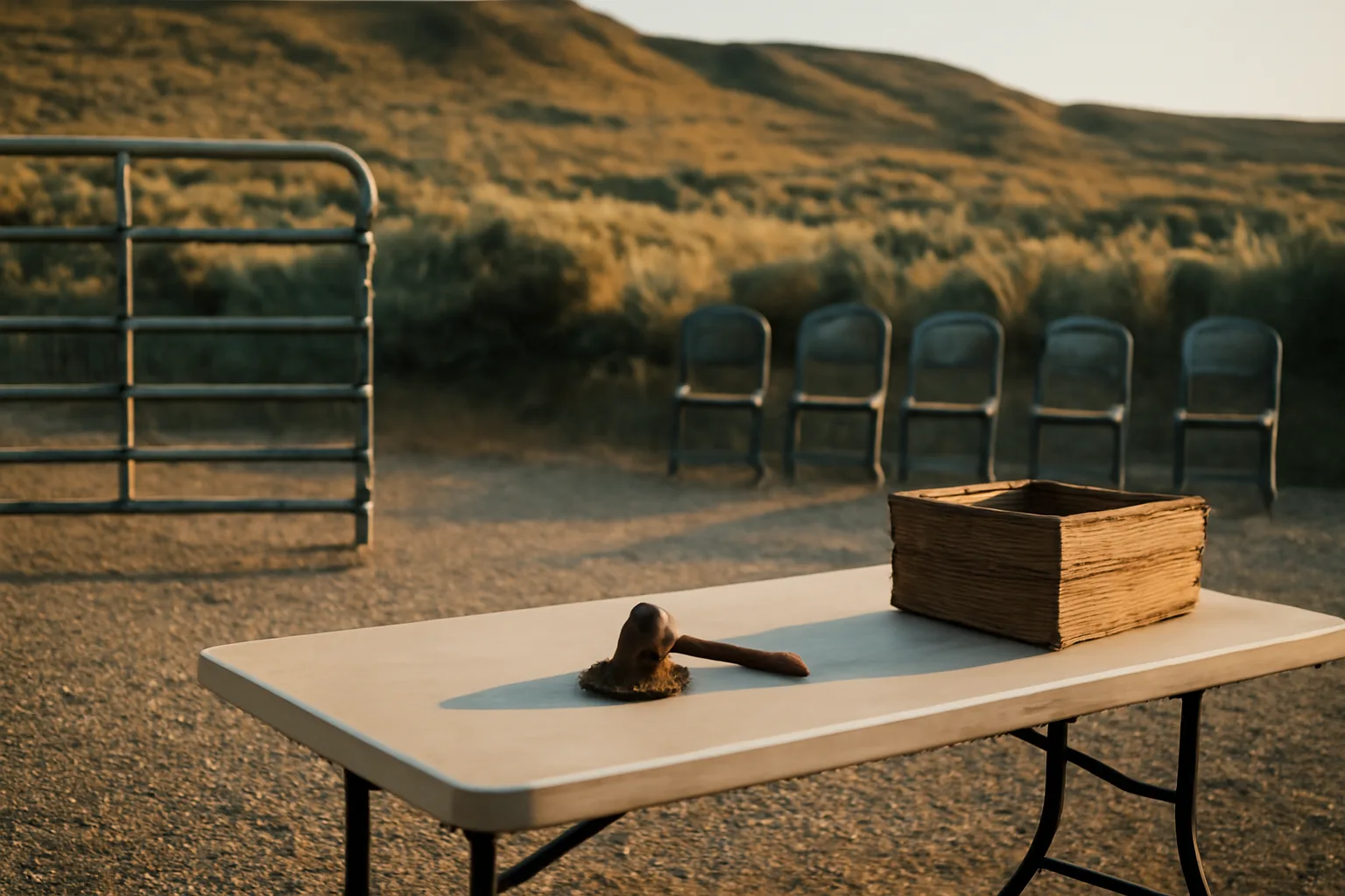 Idaho farmyard auction table with gavel and empty chairs